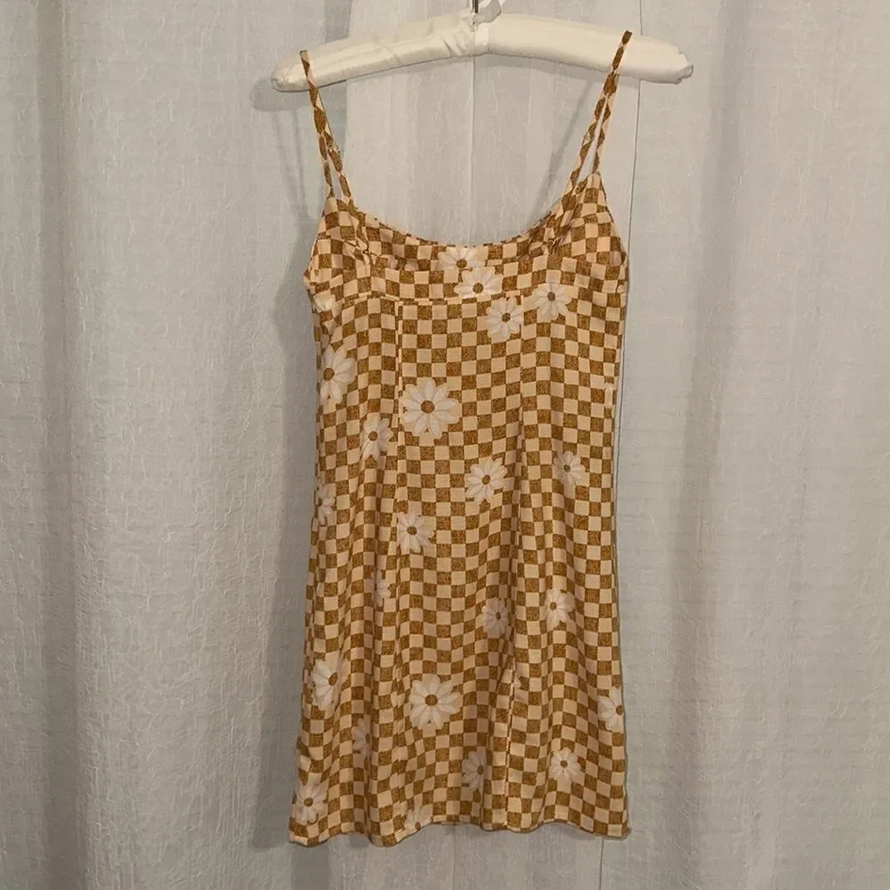 UO XS Lumi Daisy Gold Beige Check Print Spaghetti Strap Mini Bodycon Dress